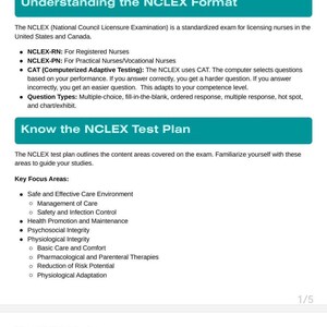 May include: A teal and white guidebook planner titled "NCLEX Preparation Guidebook Planner." The text includes information about the NCLEX exam format, test plan, and creating a study schedule. The image also includes a link to the official NCLEX test plan.