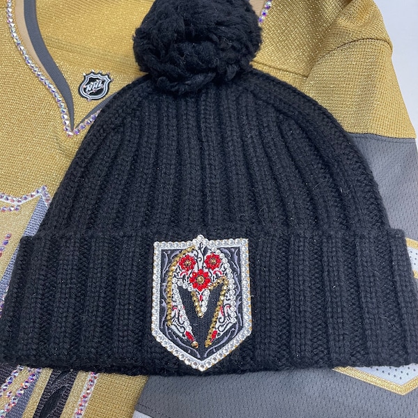 Vegas Golden Knights Day of the Dead VGK Shield Custom Swarovski Blinged UGG Black Beanie Pom hat