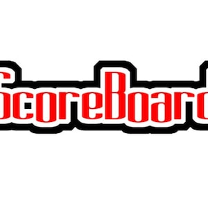 May include: Black and white graphic of the word "Scoreboard" in red letters.