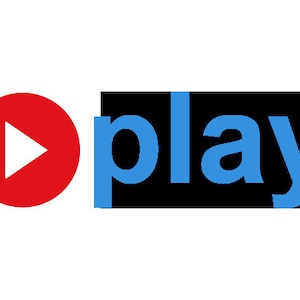 May include: A red play button icon next to the word "play" in blue text on a black background.