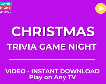 May include: A purple graphic featuring the text "CHRISTMAS TRIVIA GAME NIGHT" in white. The graphic also includes the text "VIDEO • INSTANT DOWNLOAD Play on Any TV". A play button is in the top right corner.