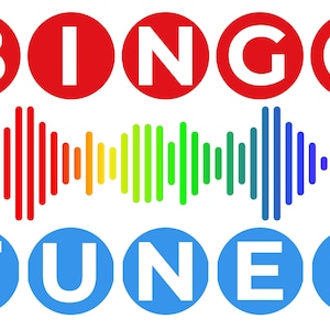 Może przedstawiać: Projekt graficzny ze słowami "BINGO TUNES" w białych literach wewnątrz czerwonych i niebieskich kół. Kolorowa fala dźwiękowa rozciąga się na obrazie, przechodząc od czerwieni do fioletu.