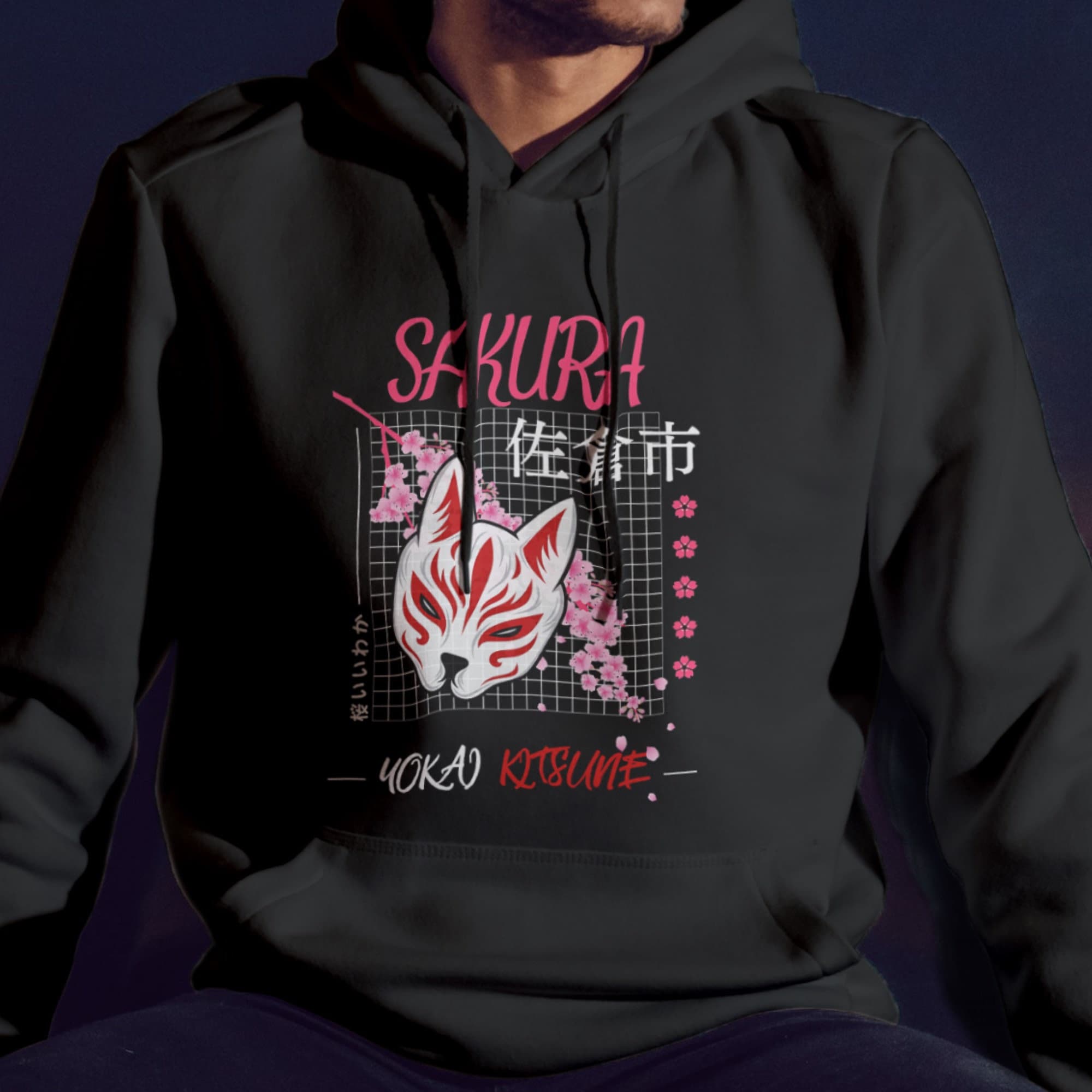 Vintage Sakura Fox Mask Print Causal Hoodie