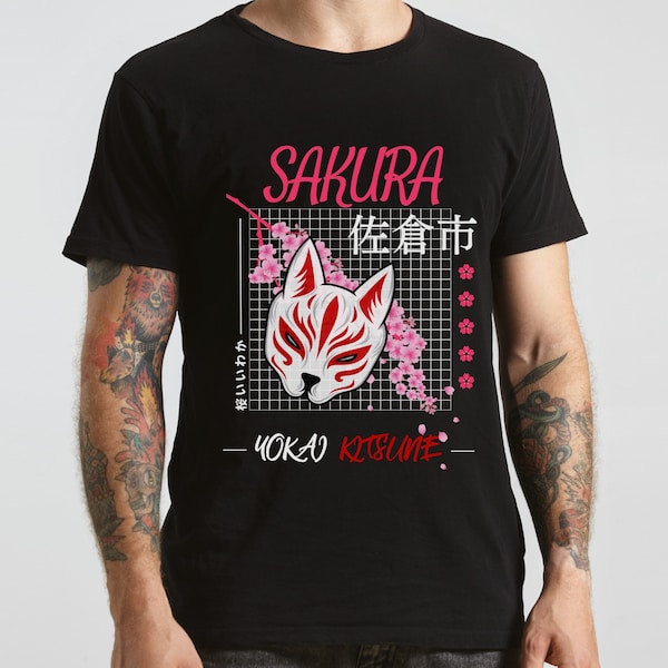 Kitsune Mask Japanese Unisex T Shirt, Traditional Tokyo Streetwear, Japan Sakura Tee, Edgy Kanji, Fox tee, Aesthetic Shirt, Harujaku Style