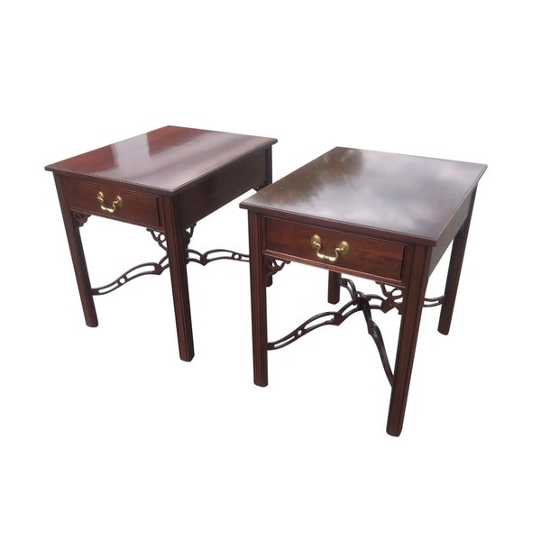 ETHAN ALLEN Mid 20th Century Vintage Mid-Century Modern Side Tables - a Pair, Chippendale Style Cherry Side Tables