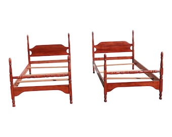 Mid 20th Century Vintage Twin Sized Cherry Finial Semi-Poster Beds - Pair