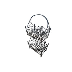 Antique Wrought Iron Two Tier Standing Basket