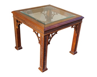 Chinese Chippendale Fruitwood Glass Inset Side Table
