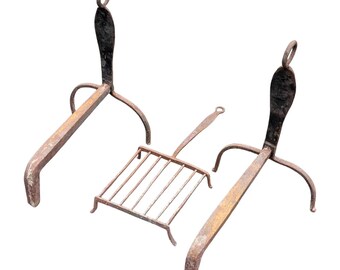 Early 20th Century Antique Wrought Iron Fireplace Andirons and Grate