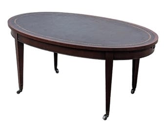 Traditional Mahogany Oval Tooled Leather Top Coffee Table, 20th Century