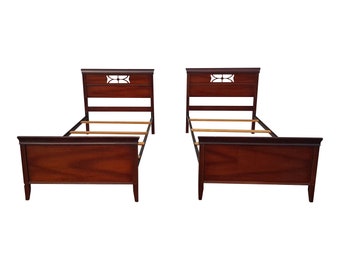 Mid 20th Century Vintage Twin Size Sleigh Mahogany Beds, Pair