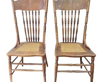 Vintage Oak Pressback Chairs With Cane Seats a Pair Etsy