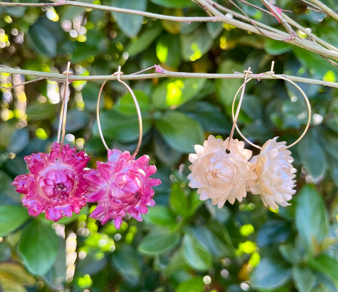 Handmade Real Dried Flower Earrings. Real Pink, White, and Yellow