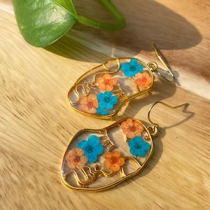 UF Gator Earrings. University of Florida. Orange and Blue. Made with real pressed flowers.  Hypoallergenic Earrings. 14K gold.