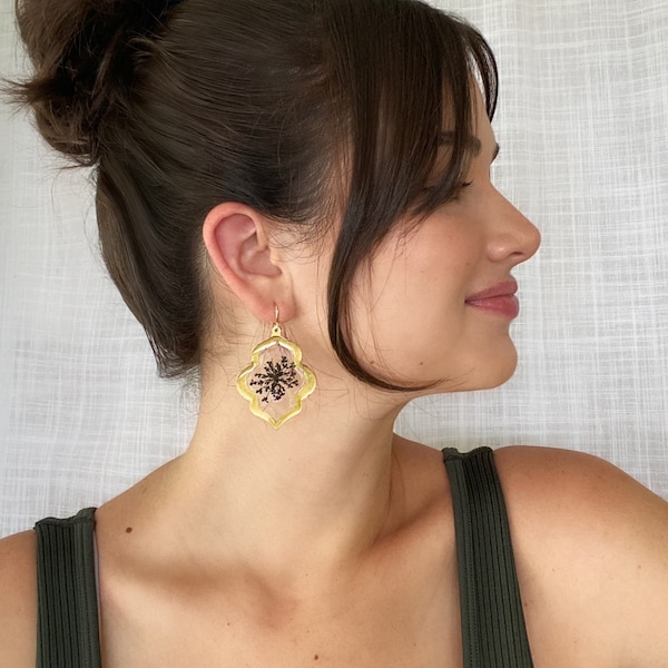 Handmade Real Pressed Flowers Earrings. Black Queen Anne’s Lace Flowers. 14 K Gold plated earring hooks.