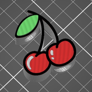 May include: Two red cherries with green stems and leaves. The cherries are outlined in black and have a striped pattern.