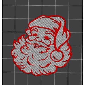 May include: Red and gray cutout of Santa Claus's face with a white beard and a red hat.