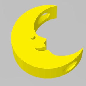 May include: A bright yellow crescent moon with a smiling face. The moon has a 3D appearance and is set against a light gray background. The moon has a cheerful expression and is a whimsical design.