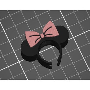 May include: Black headband with a pink bow. The headband is shaped like Mickey Mouse ears.