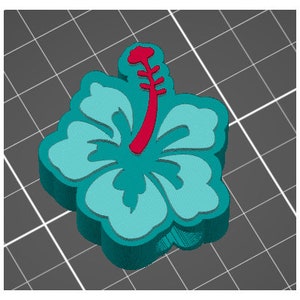 May include: A teal blue 3D printed hibiscus flower with a red center and stem.