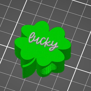 May include: A green four-leaf clover with the word "lucky" written in white on it.