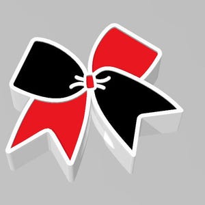 May include: A black and red cheer bow with a white outline. The bow is 3D and has a shadow.
