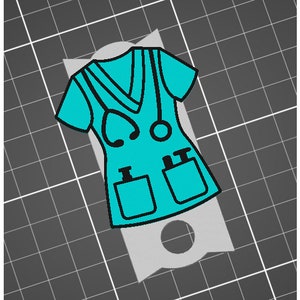 May include: A teal blue medical scrubs top with a V-neck, two pockets, and a stethoscope on the front.