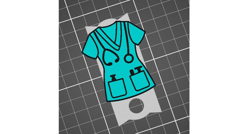 May include: A teal blue medical scrubs top with a V-neck, two pockets, and a stethoscope on the front.