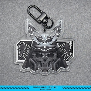 Samurai Skull Keychain | 2.5" Acrylic Charm with Tech Kabuto Design | Double-Sided Black Clasp Keychain