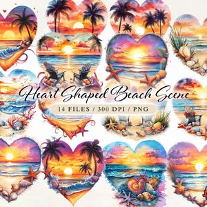 Cena de praia em forma de coração, clipart de pôr do sol tropical, coração de praia PNG, Download instantâneo, clipart PNG, Sublimação