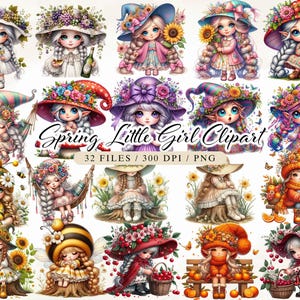 Clipart de petite fille de printemps, téléchargement instantané, clipart de petite fille de printemps, illustrations de filles mignonnes, poupée fantastique, filles au chapeau floral, clipart Png
