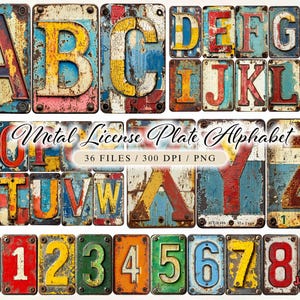 Alfabeto de placa de carro de metal PNG, letras de metal, fontes de placa de carro, pacote de clipart de alfabeto, download instantâneo, clipart png, sublimação