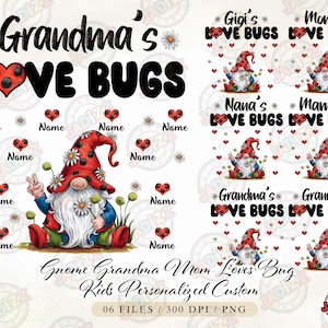 Camisa personalizada gnome avó mamãe ama bug kids, camisa personalizada, presente para avó gigi nana mama camisa com nomes de crianças, gnome bugs