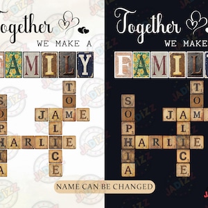 Gepersonaliseerde familie kruiswoordpuzzel kunst PNG, naambordje voor kleinkind, cadeau voor oma, familie Scrabble, familienaam kruiswoordpuzzel, sublimatie downloaden
