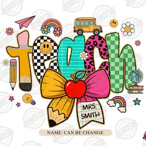 Matita per insegnante preppy con fiocco e scarabocchio in formato PNG, Nome insegnante personalizzato in formato PNG, Insegnamento preppy, Amore, Ispirazione in formato PNG, Download digitale, Sublimazione