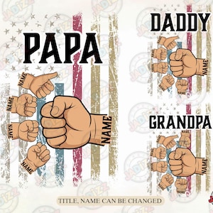 Pugno unico personalizzato per la festa del papà con bandiera americana in formato SVG e PNG, mano di un bambino piccolo, pugno unico della mano del papà in formato PNG, nome personalizzato per bambini, stampa a sublimazione
