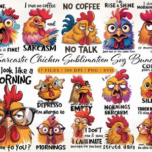 Sarcastic Chicken Sublimation SVG Bundle, Sarcastic Quotes Bundle, Funny Chicks Illustrations, Funny Morning Quotes, Digital Download