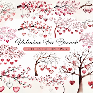 Valentinstag-Baum-Zweig-PNG-Clipart, Valentinstag-Clipart, rosa Herz, romantisch, Blätter, hängende Herzen, sofortiger Download, Png-Clipart