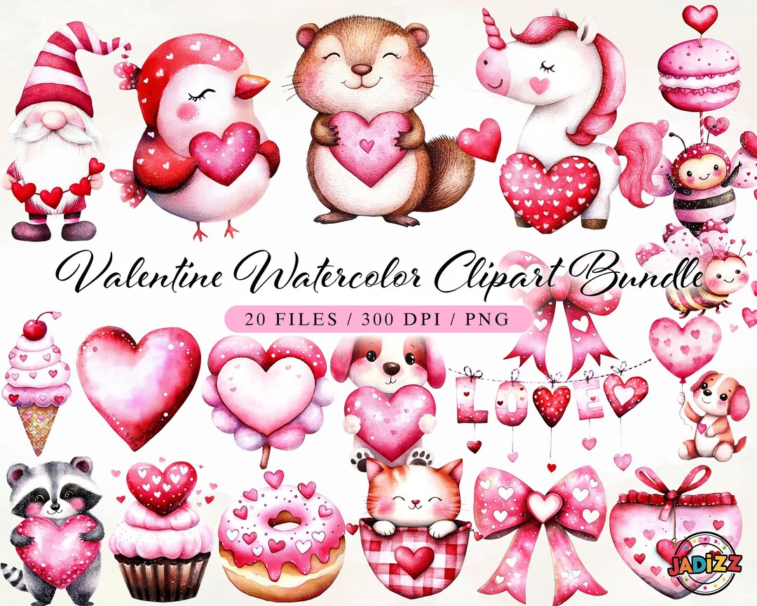 Valentine Watercolor Clipart Bundle Heart, Love, Animals Watercolor ...