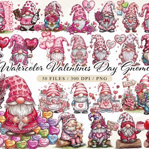 Watercolor Valentines Day Gnomes,Watercolor Valentines Day Festive Gnomes Clipart Bundle of 30, Cute Gnomes Valentines Day Fantasy Cliparts