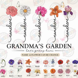 Personalisierte Omas Gartenliebe wächst hier PNG, Geburtsmonat Blumengeschenk für Oma Png, Personalisierter Kindername Png, Geschenk für Oma, Sublimation