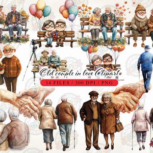 Vieux couple amoureux clipart, illustrations de couple de personnes âgées, art romantique de couple senior, vieux couple se tenant la main, clipart de couple vintage