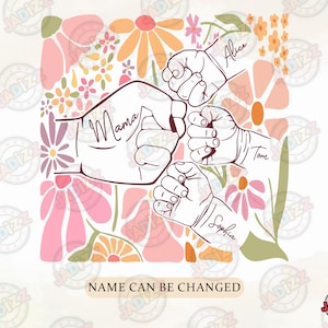 Design personalizado de sublimação para toque de punho de mãe e filho, arquivo digital com nome personalizado, PNG de mãe floral, design de camiseta para o dia das mães, arte em PNG para família