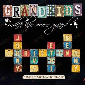 Gepersonaliseerde namen van kleinkinderen Scrabble cadeau voor grootouders PNG, naambordje voor kleinkinderen, familie Scrabble, familienaam kruiswoordraadsel, sublimatie