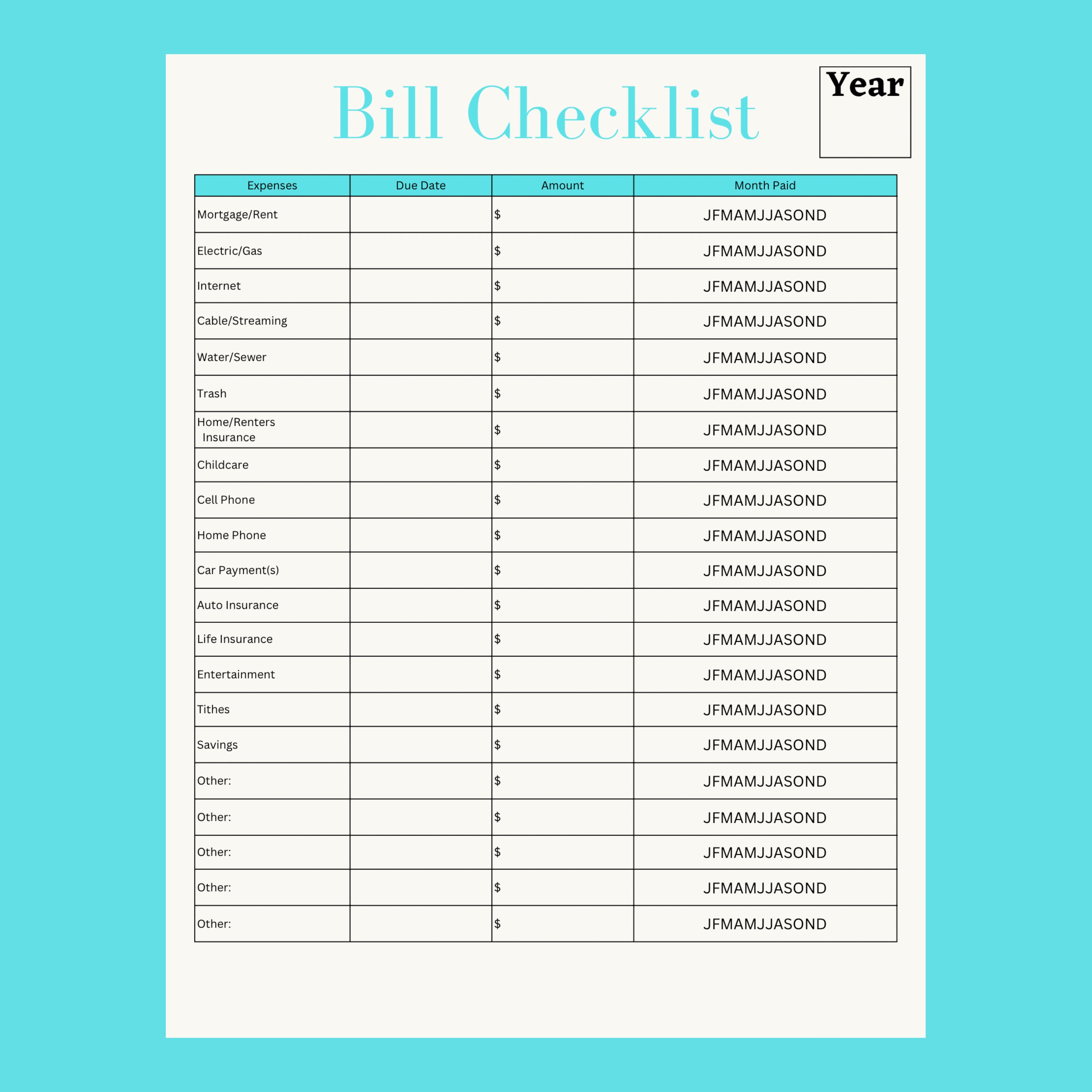 Yearly Bill Checklist, Yearly Budget, Printable Checklist, Financial ...