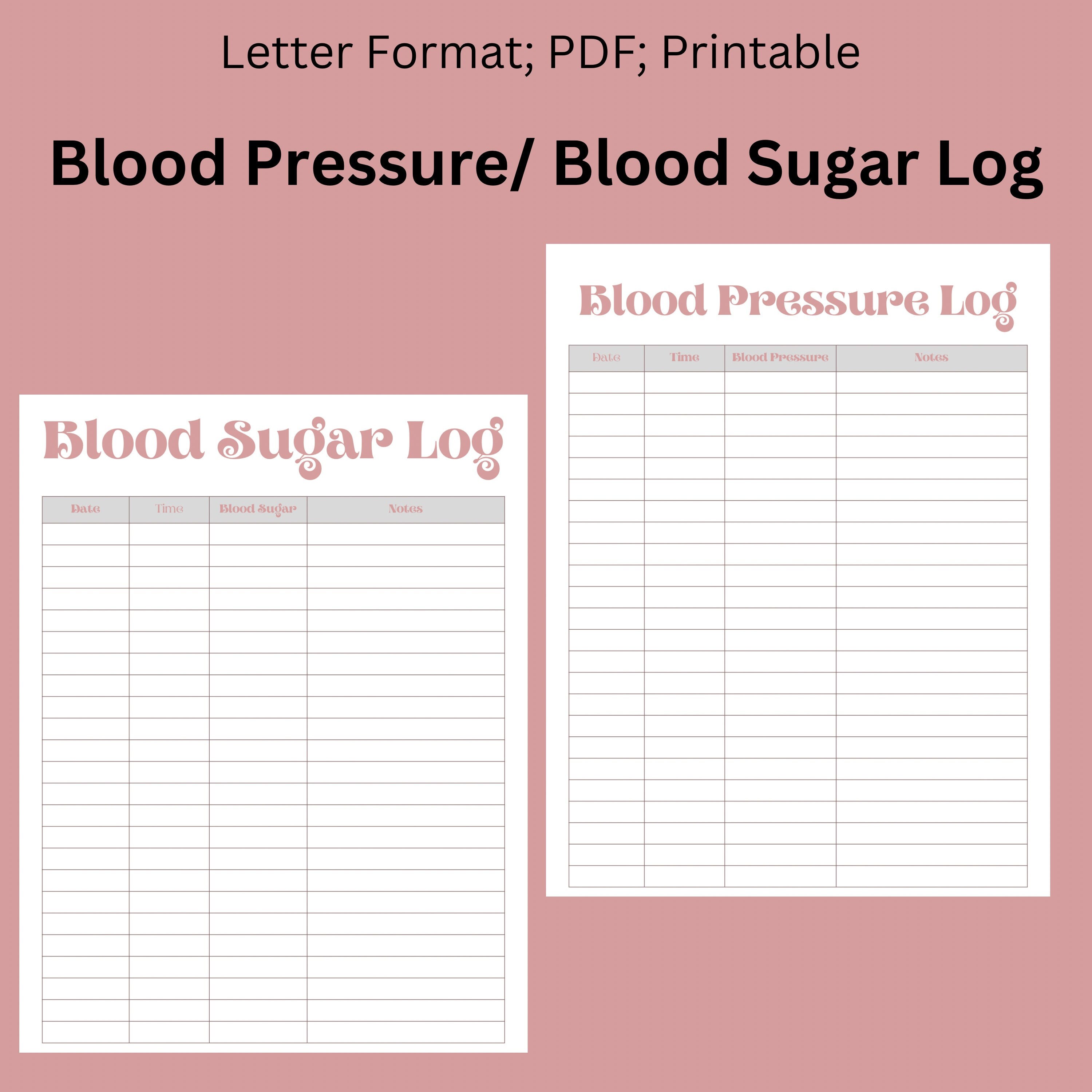 Blood Sugar Log Blood Pressure Log Printable Health Tracker 