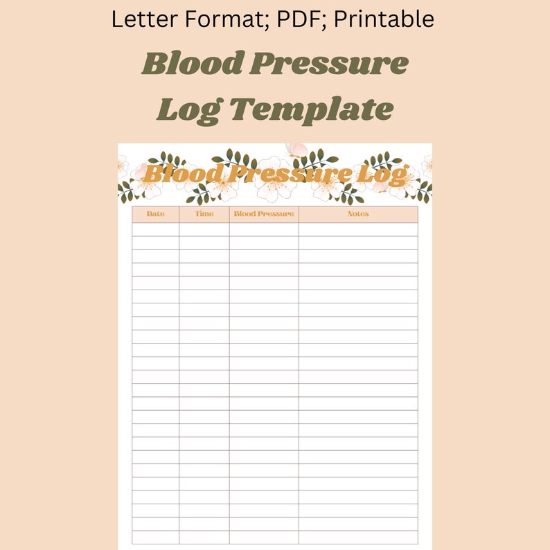 Blood Pressure Log Printable Blood Pressure Readings, Hypertension Log ...