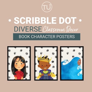 Diverse Book Character Posters - Classroom Decor Storybook Characters with Neutral Scribble Dot Background