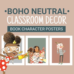 Puede incluir: Tres pósters imprimibles con ilustraciones de personajes de libros infantiles. El primer póster presenta a una niña con gafas y un guante amarillo, el segundo póster presenta a un grupo de niños y el tercer póster presenta a un niño con un lápiz en la boca.