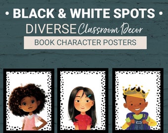 Diverse Book Character Posters Black and White Spot Background Classroom Decor